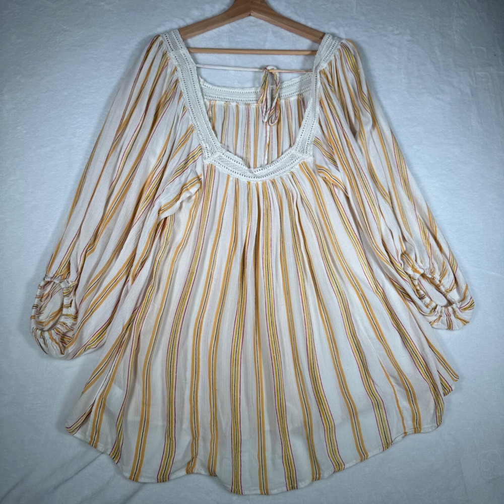 Urban Outfitters Striped Boho Lace Trim Peasant Top Square Neck Balloon Sleeve S - Picture 3 of 8